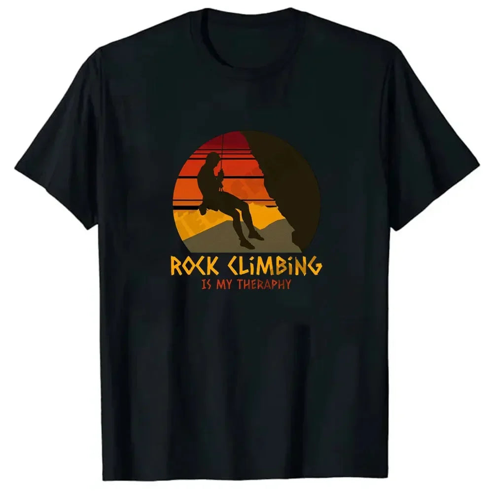 "Rock Climbing Is My Therapy" T-Shirt – Colorful Printed Top for Adventure Seekers